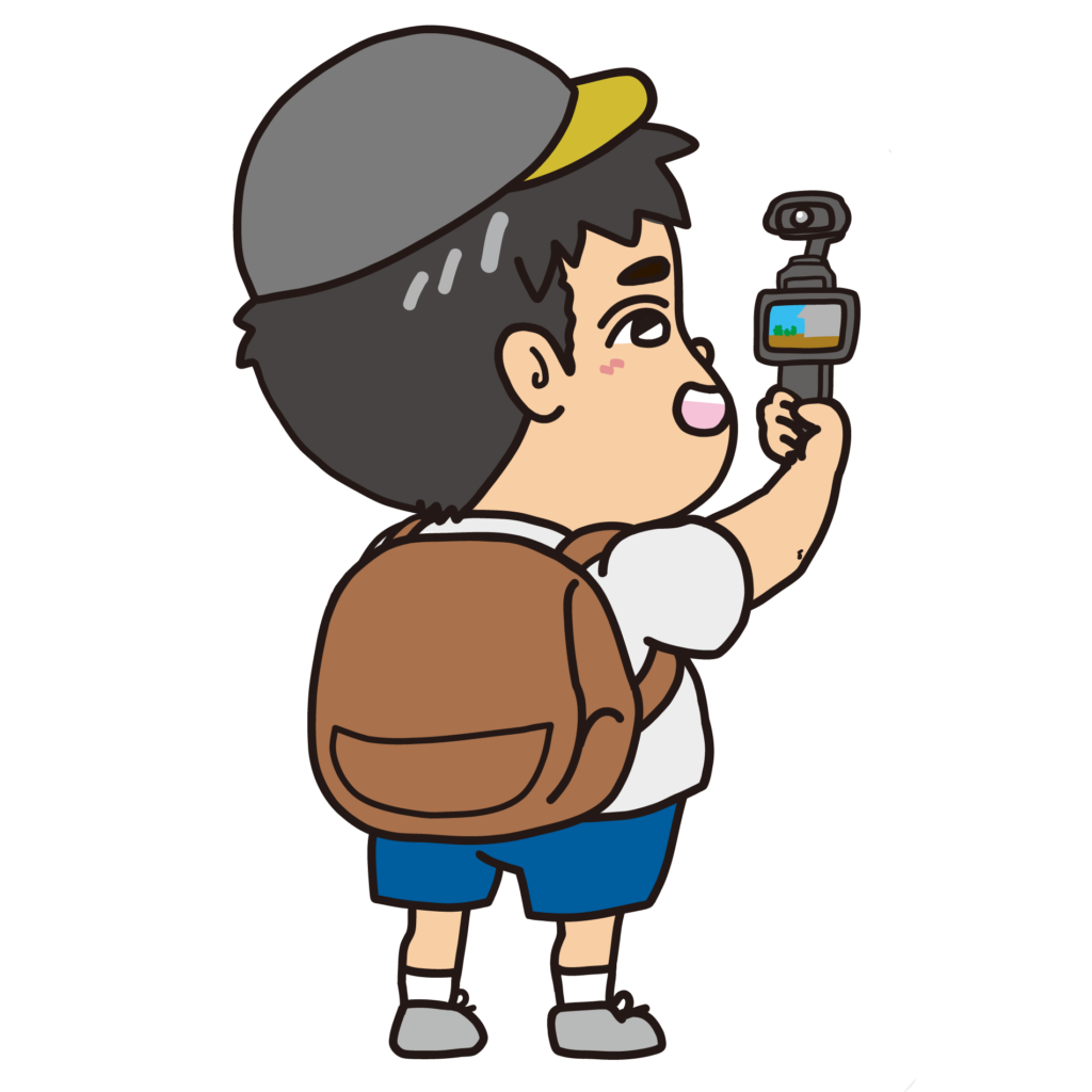 旅行先でVlog撮影をする男性のイラスト（右向き）