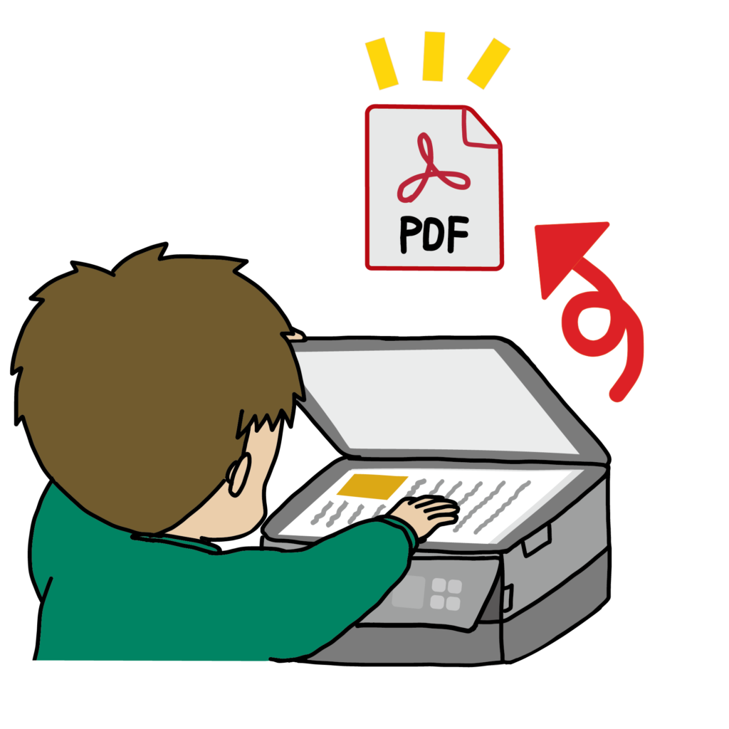 プリンターで書類をPDF化するイラスト（スキャン保存）赤