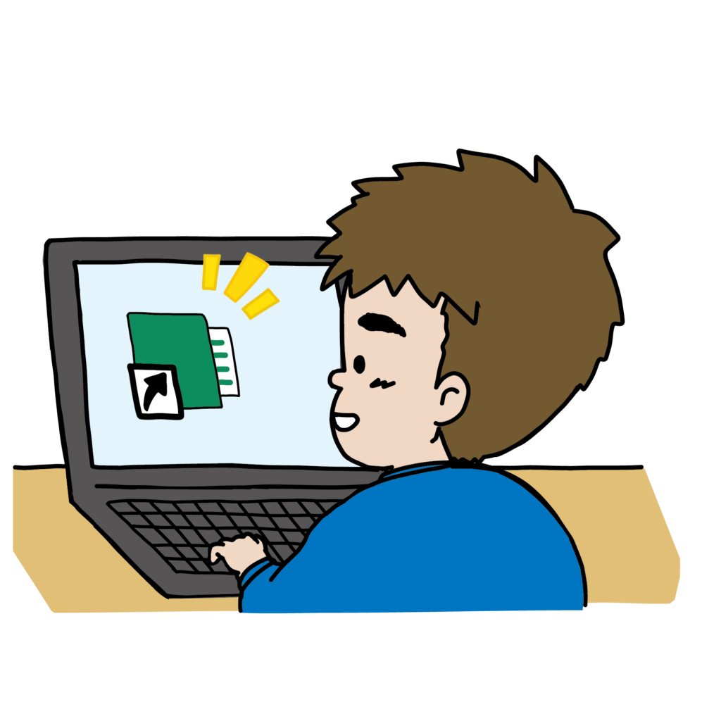 ノートパソコンでショートカットファイルを作成する男の子のイラスト