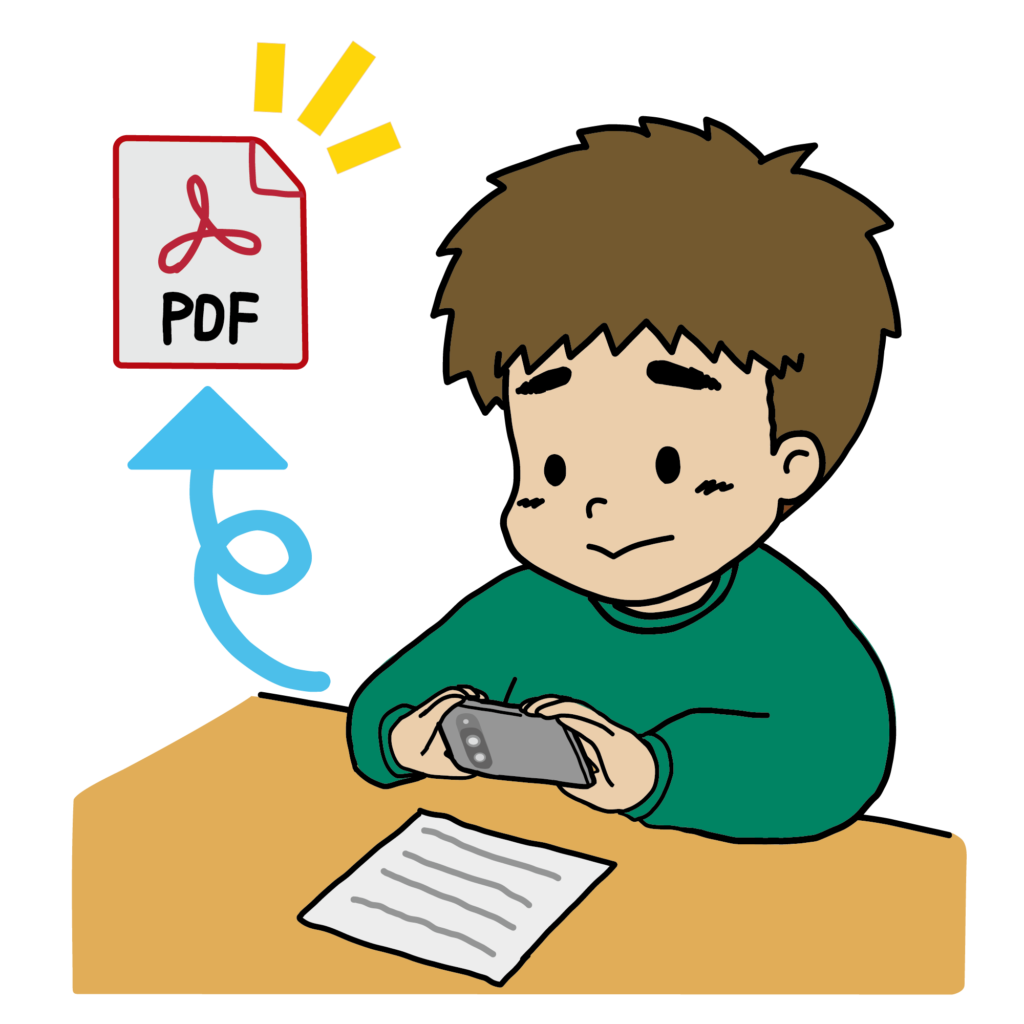 スマートフォンで書類をスキャンしてPDF化するイラスト（青矢印）