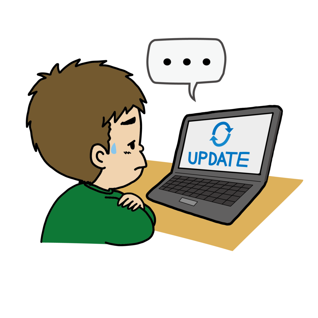 Windowsアップデートが終わらなくて困っている男性のイラスト