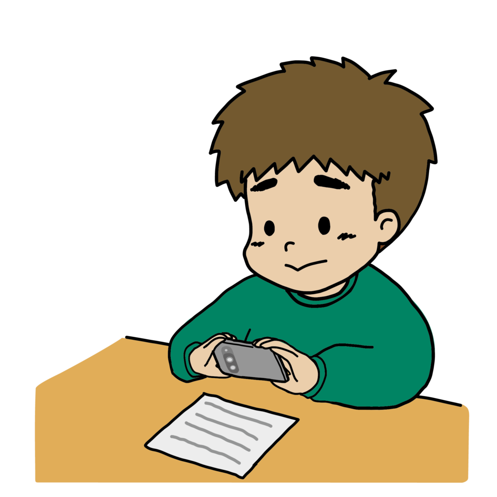 スマートフォンで書類を撮影している男の子のイラスト