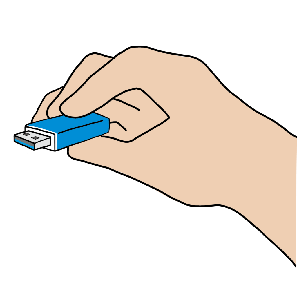 青色のUSBメモリを手で持っているイラスト