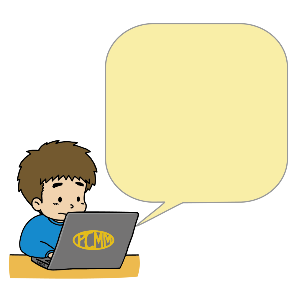 大きな黄色の吹き出しとノートパソコンを使う男性のイラスト