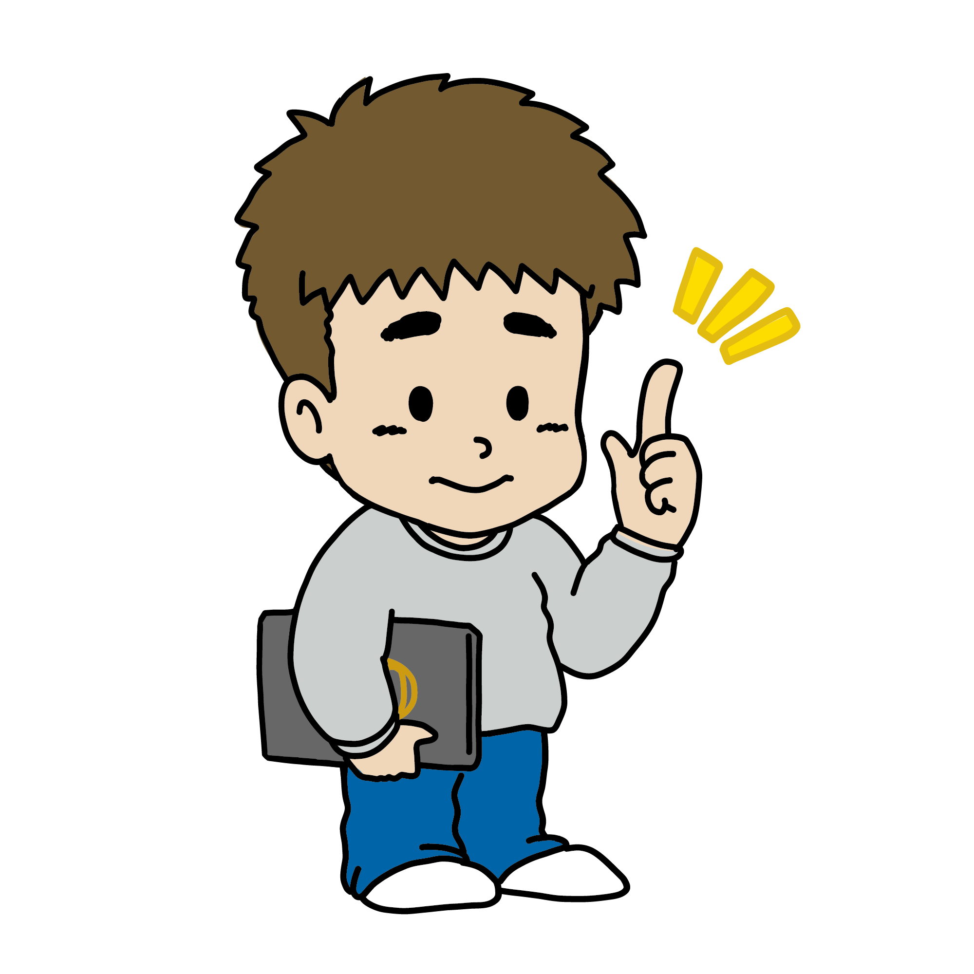 パソコンを持ってひらめいたポイントを示す男性のイラスト