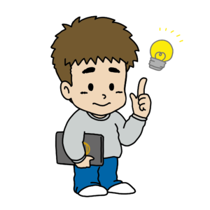 ノートパソコンを持ってひらめいた男性のイラスト