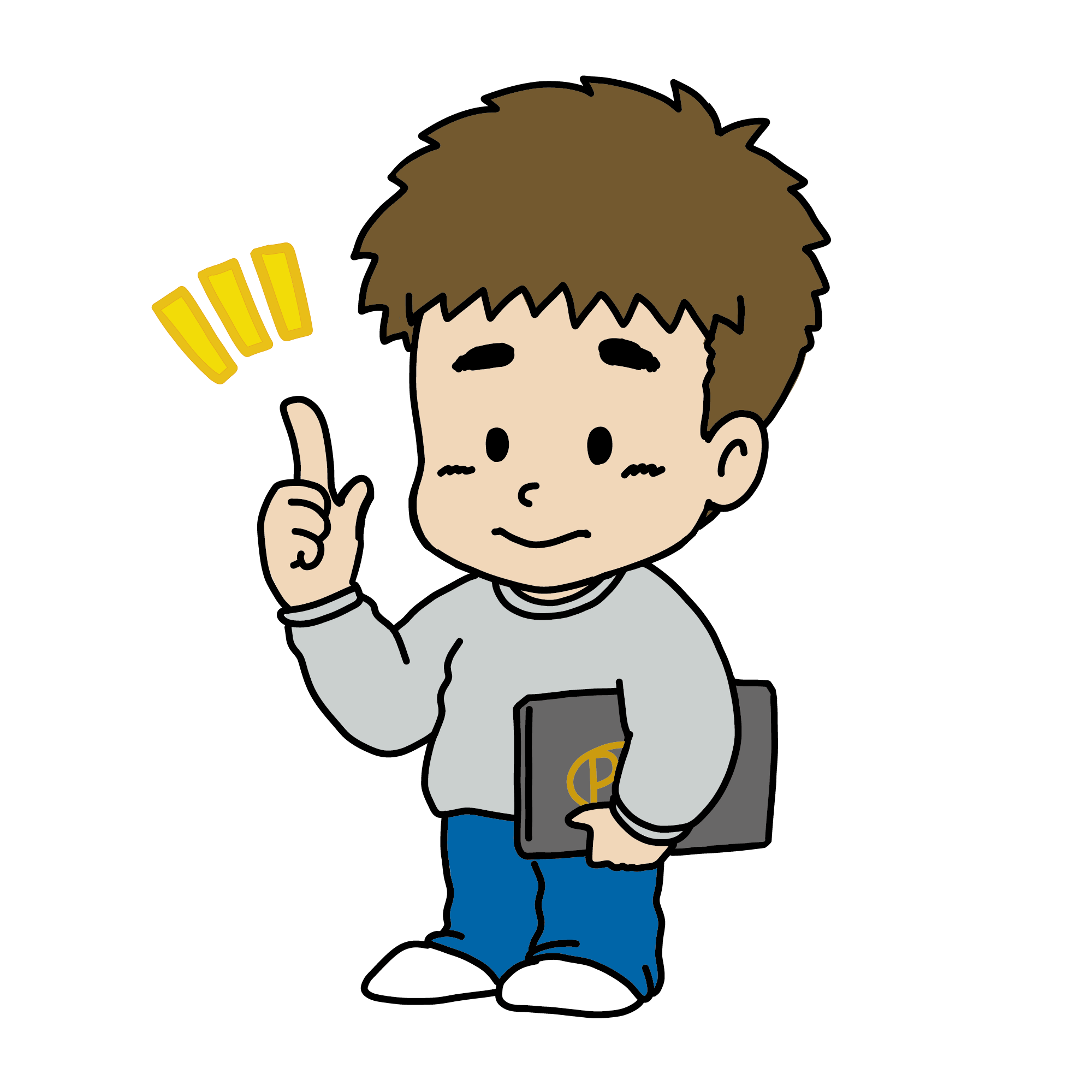 ノートパソコンを持って左向きにポイントを強調する男性のイラスト