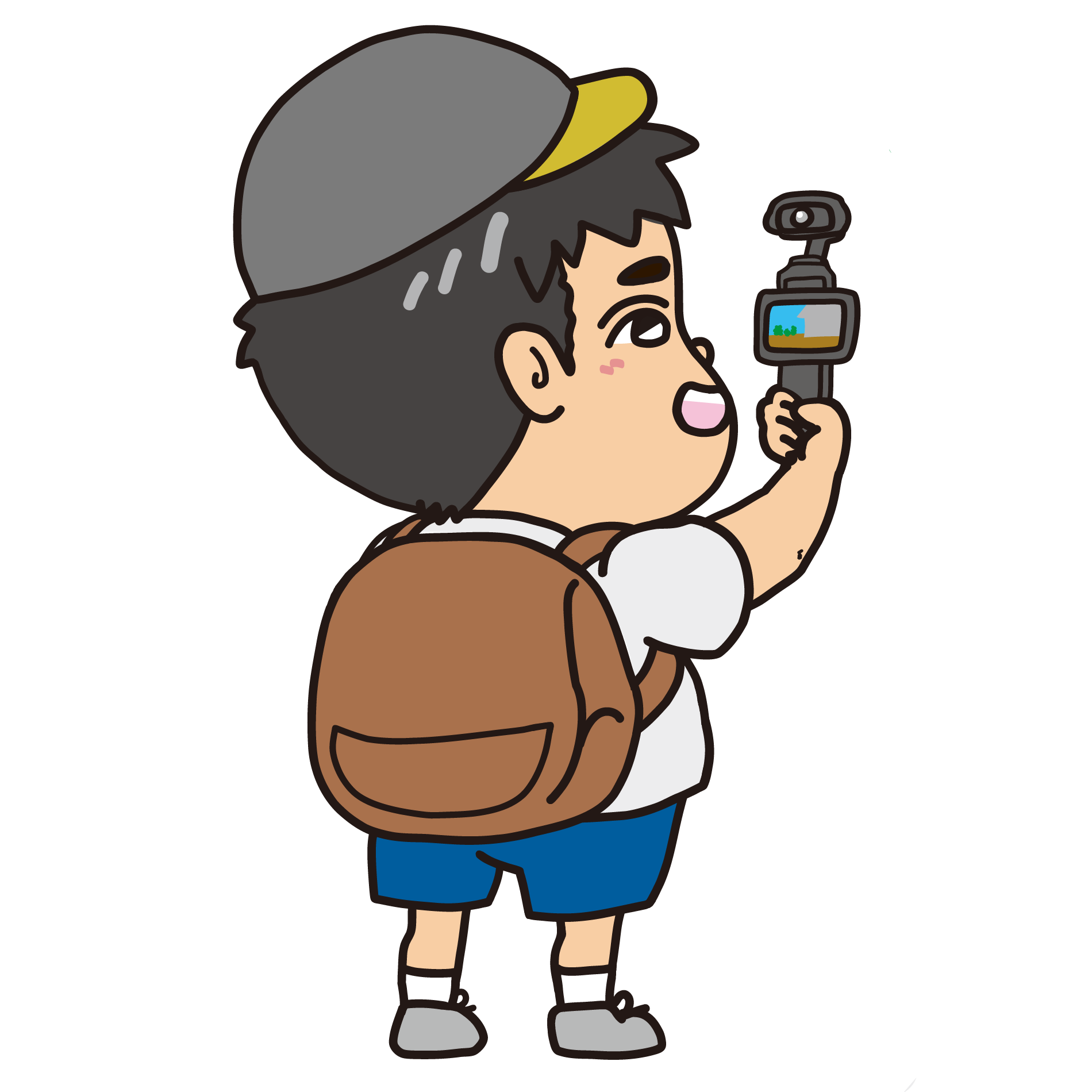 旅行先でVlog撮影をする男性のイラスト（右向き）