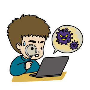 パソコンのウイルスをチェックする男性のイラスト