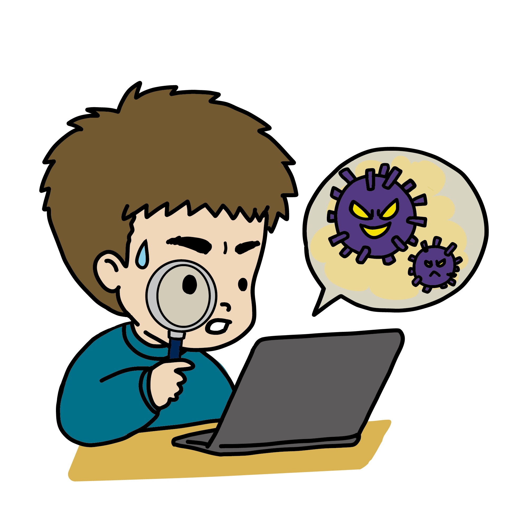 パソコンのウイルスをチェックする男性のイラスト