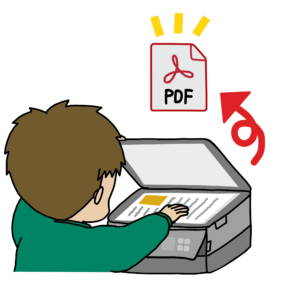 プリンターで書類をPDF化するイラスト（スキャン保存）赤