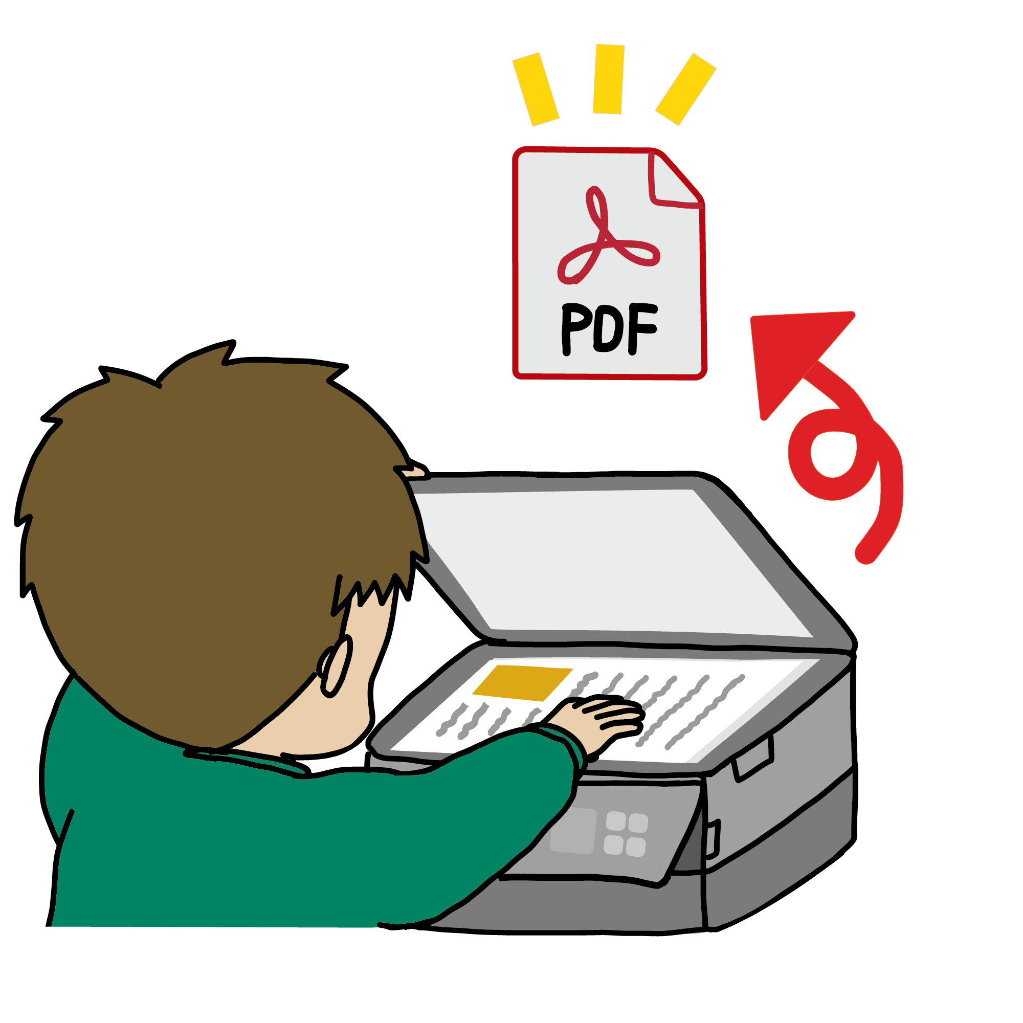 プリンターで書類をPDF化するイラスト（スキャン保存）赤