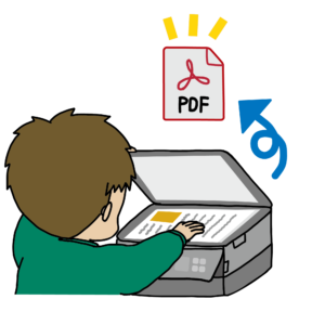 プリンターで書類をPDF化するイラスト（スキャン保存）青矢印