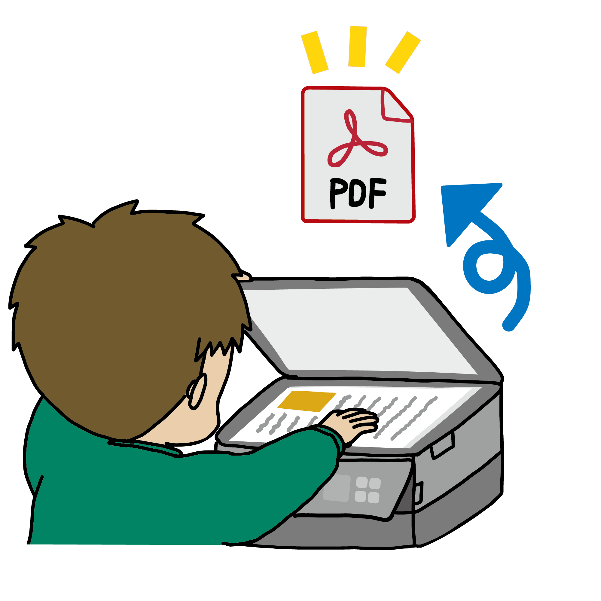 プリンターで書類をPDF化するイラスト（スキャン保存）青矢印