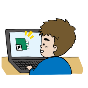 ノートパソコンでショートカットファイルを作成する男の子のイラスト
