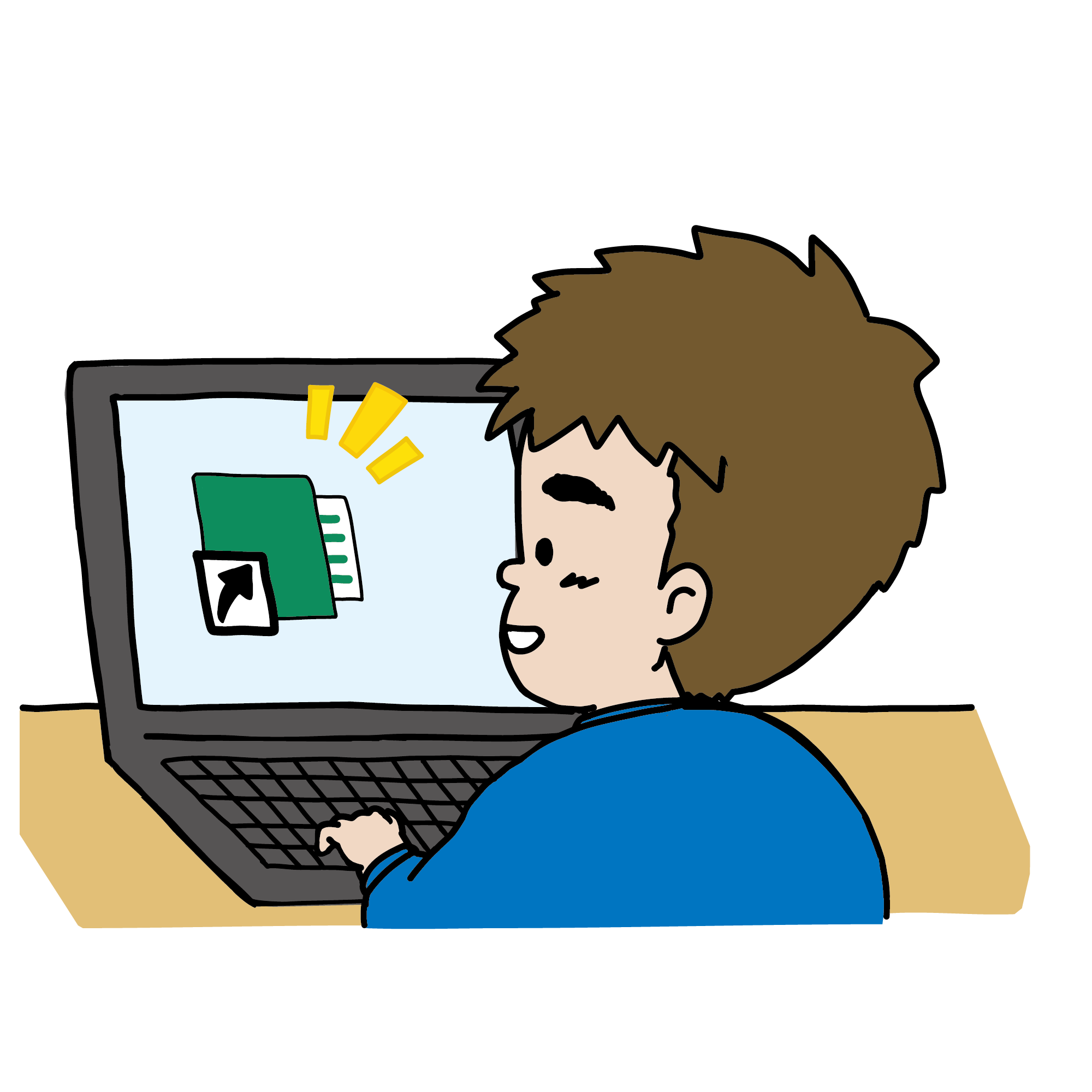 ノートパソコンでショートカットファイルを作成する男の子のイラスト