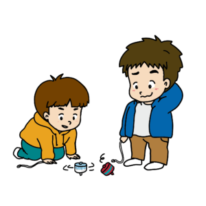 こま回しをして遊んでいる男の子たちのイラスト