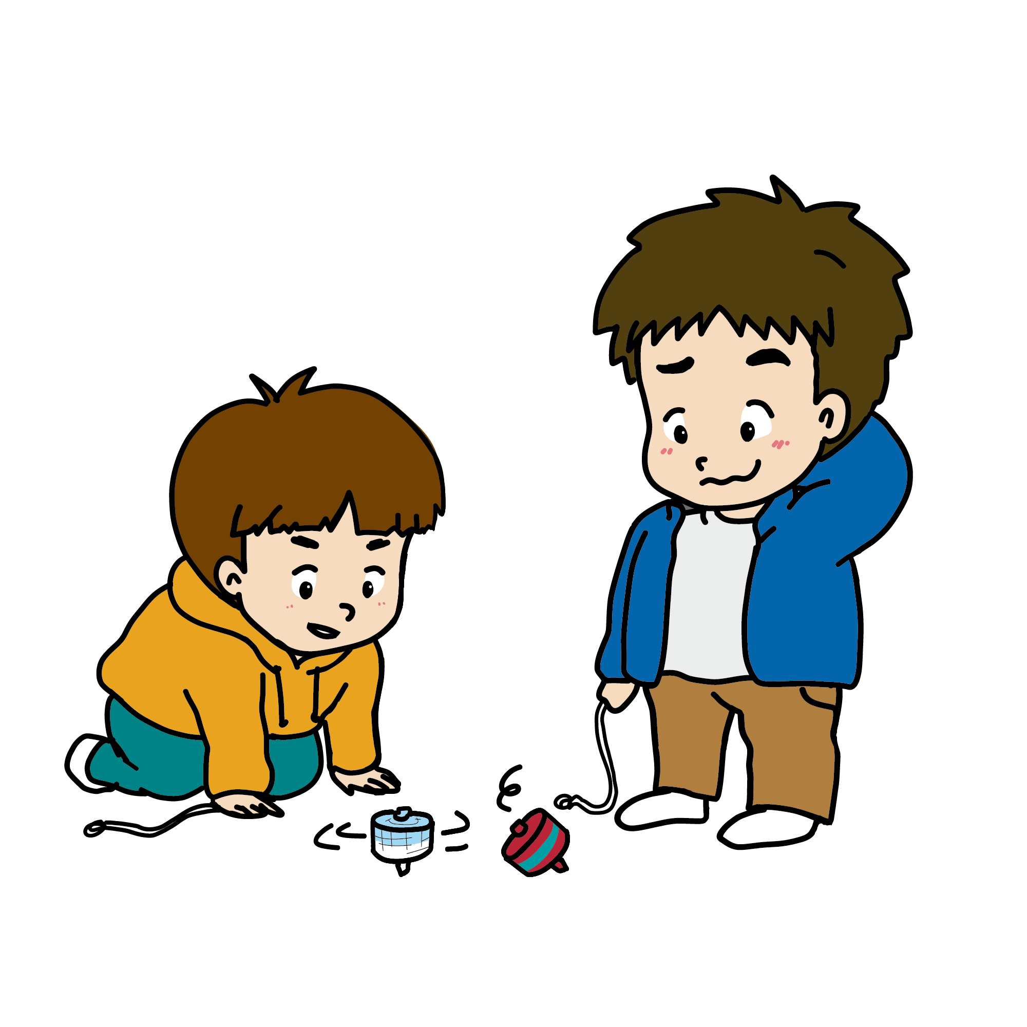 こま回しをして遊んでいる男の子たちのイラスト