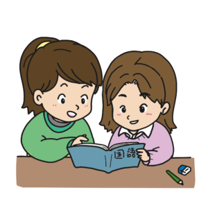 国語の教科書を一緒に読んでいる二人の女の子のイラスト
