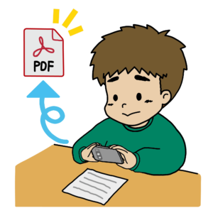 スマートフォンで書類をスキャンしてPDF化するイラスト（青矢印）