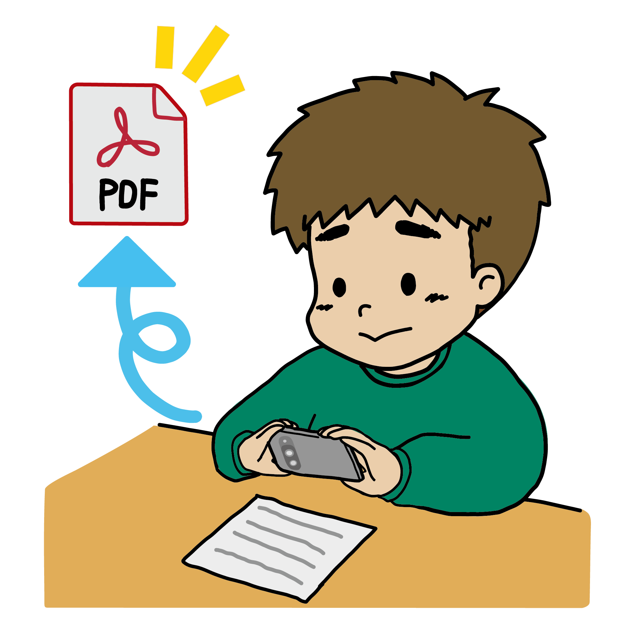 スマートフォンで書類をスキャンしてPDF化するイラスト（青矢印）