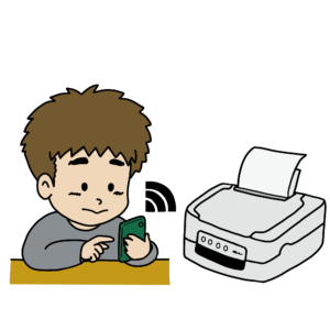 スマホを使ってワイヤレス印刷を実行する男性のイラスト