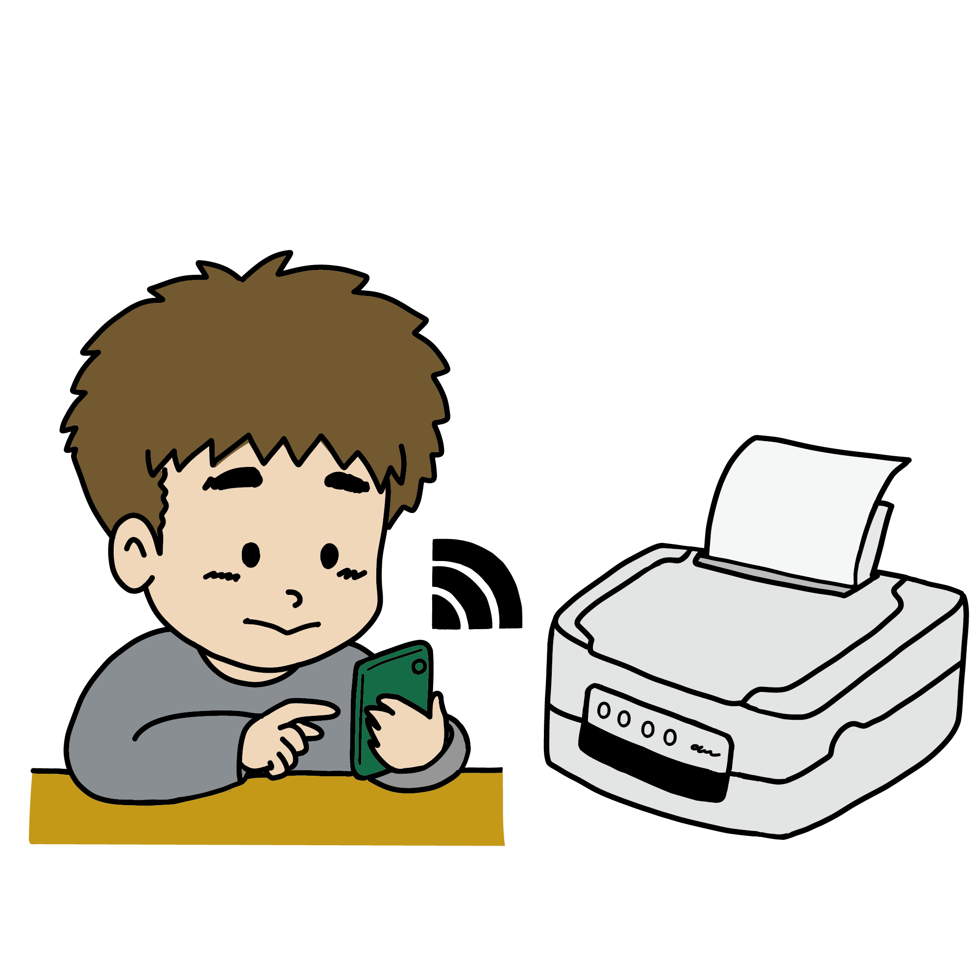 スマホを使ってワイヤレス印刷を実行する男性のイラスト