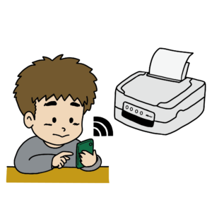 スマートフォンでプリンターから印刷する男性のイラスト（斜め）