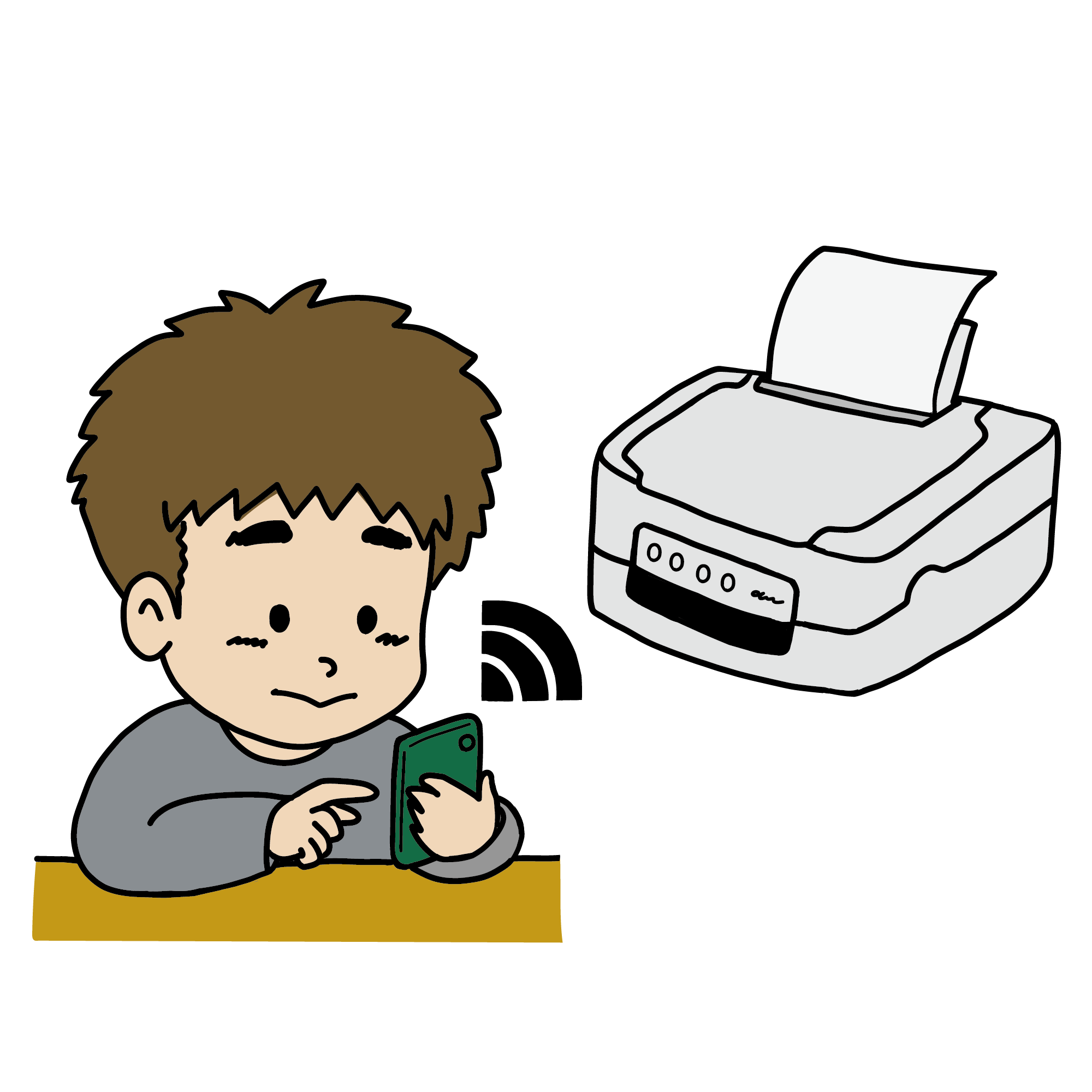 スマートフォンでプリンターから印刷する男性のイラスト（斜め）