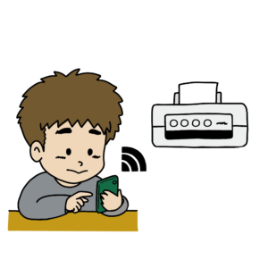 スマートフォンからワイヤレスで印刷する男性のイラスト（正面）