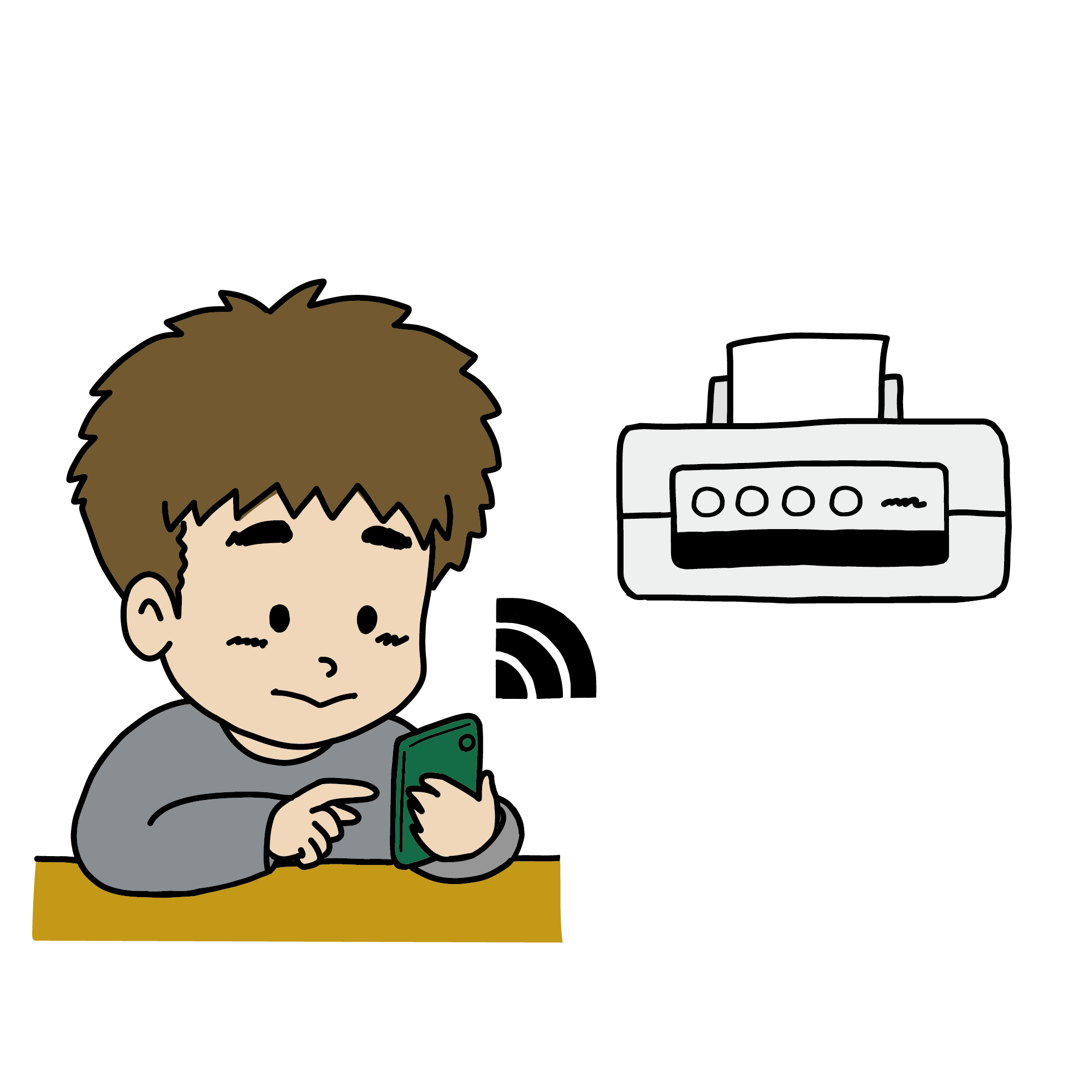 スマートフォンからワイヤレスで印刷する男性のイラスト（正面）