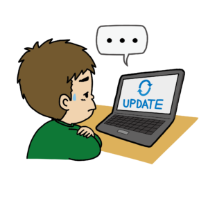 Windowsアップデートが終わらなくて困っている男性のイラスト
