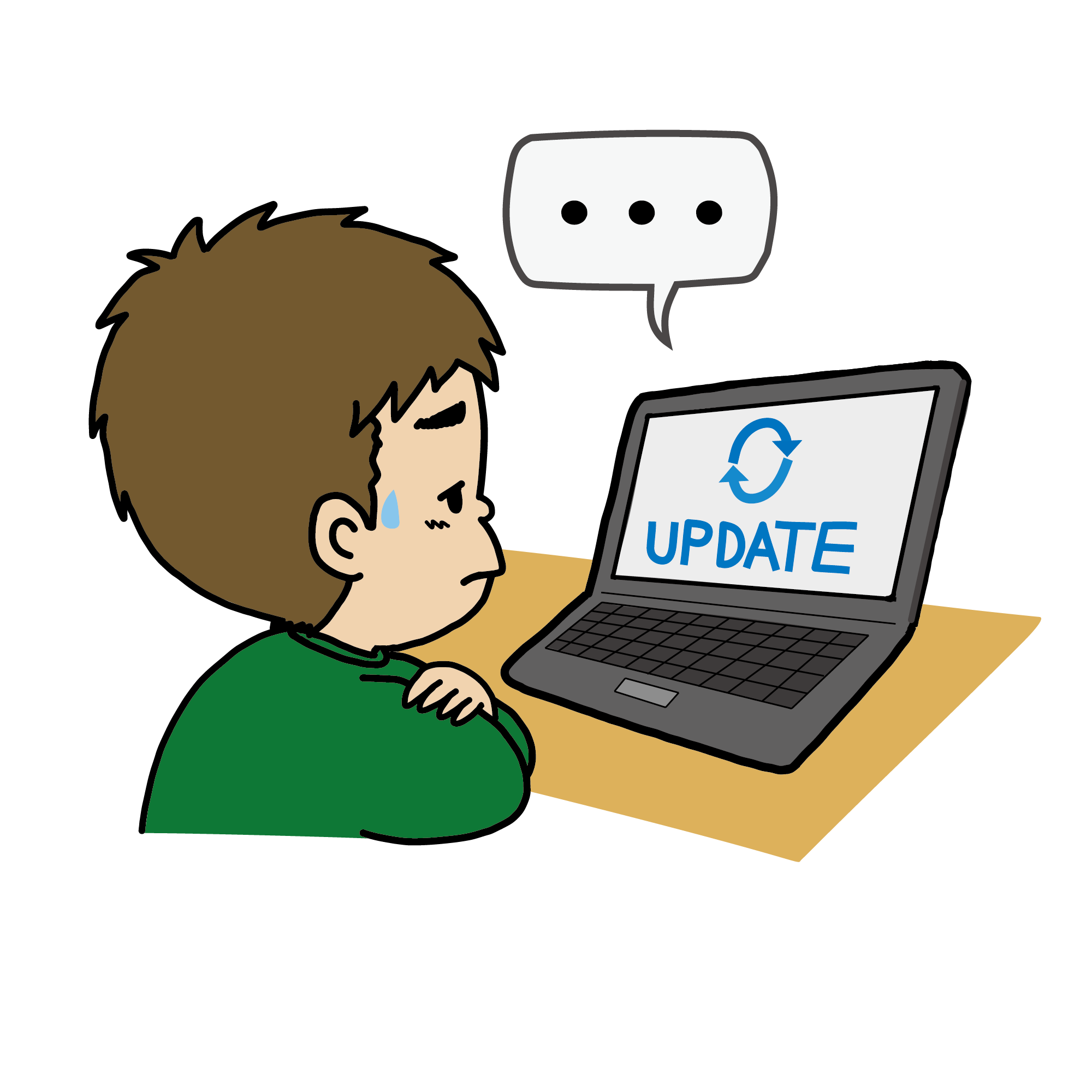 Windowsアップデートが終わらなくて困っている男性のイラスト