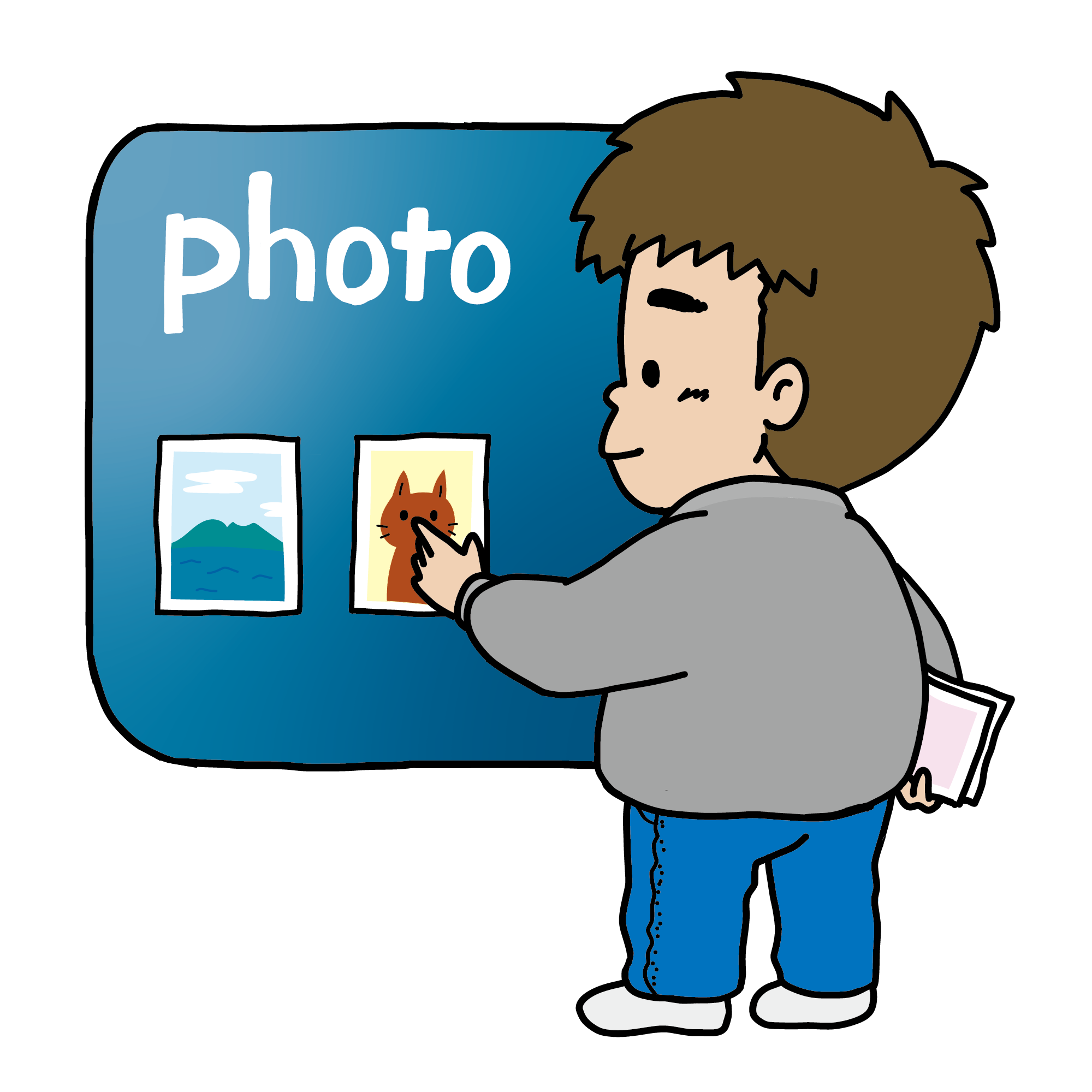 パソコンで写真データを整理している男の子のイラスト