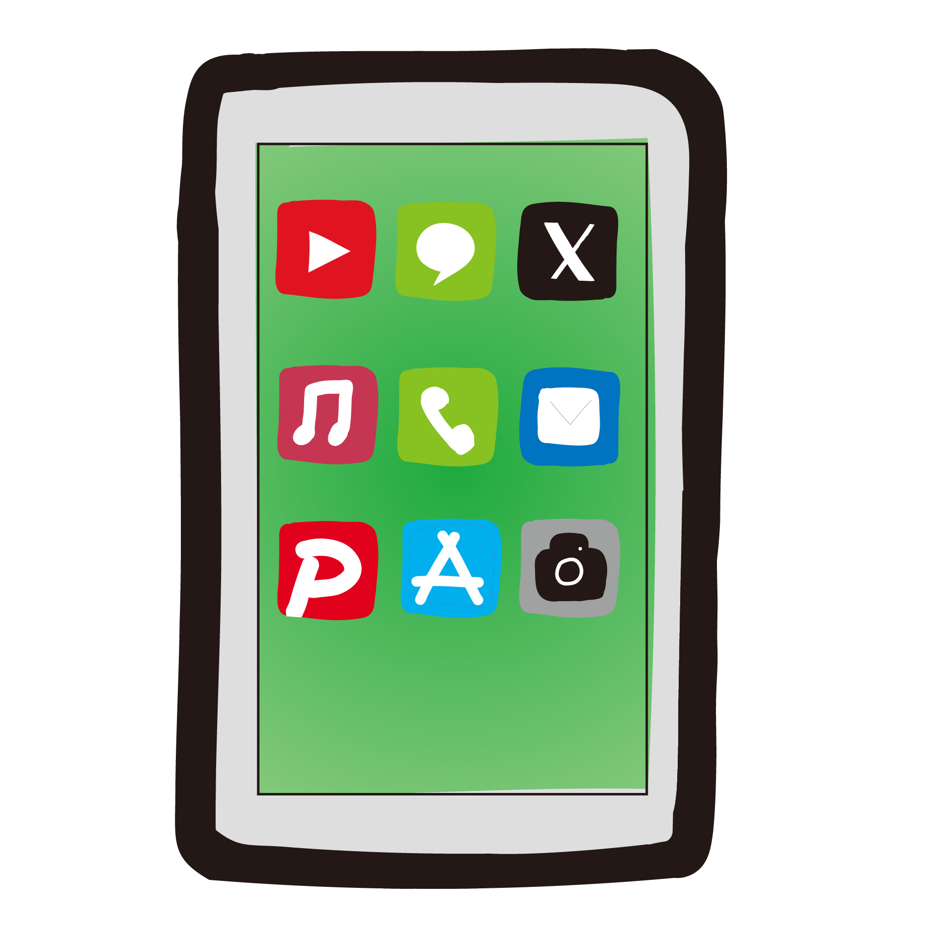 アプリアイコンが並んだスマートフォンの画面のイラスト