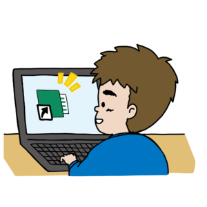 パソコンでフォルダーのショートカットを作る男の子のイラスト