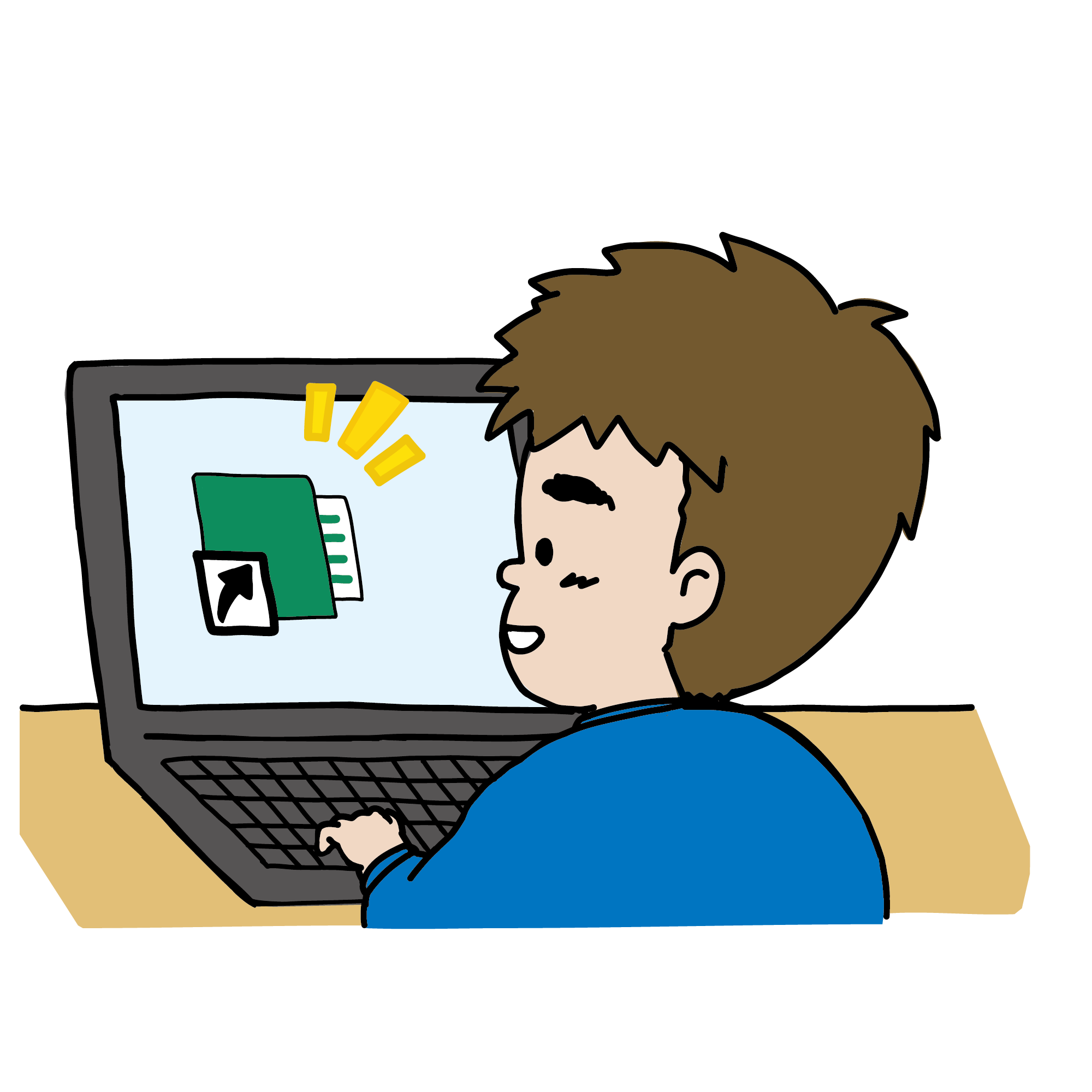 パソコンでフォルダーのショートカットを作る男の子のイラスト