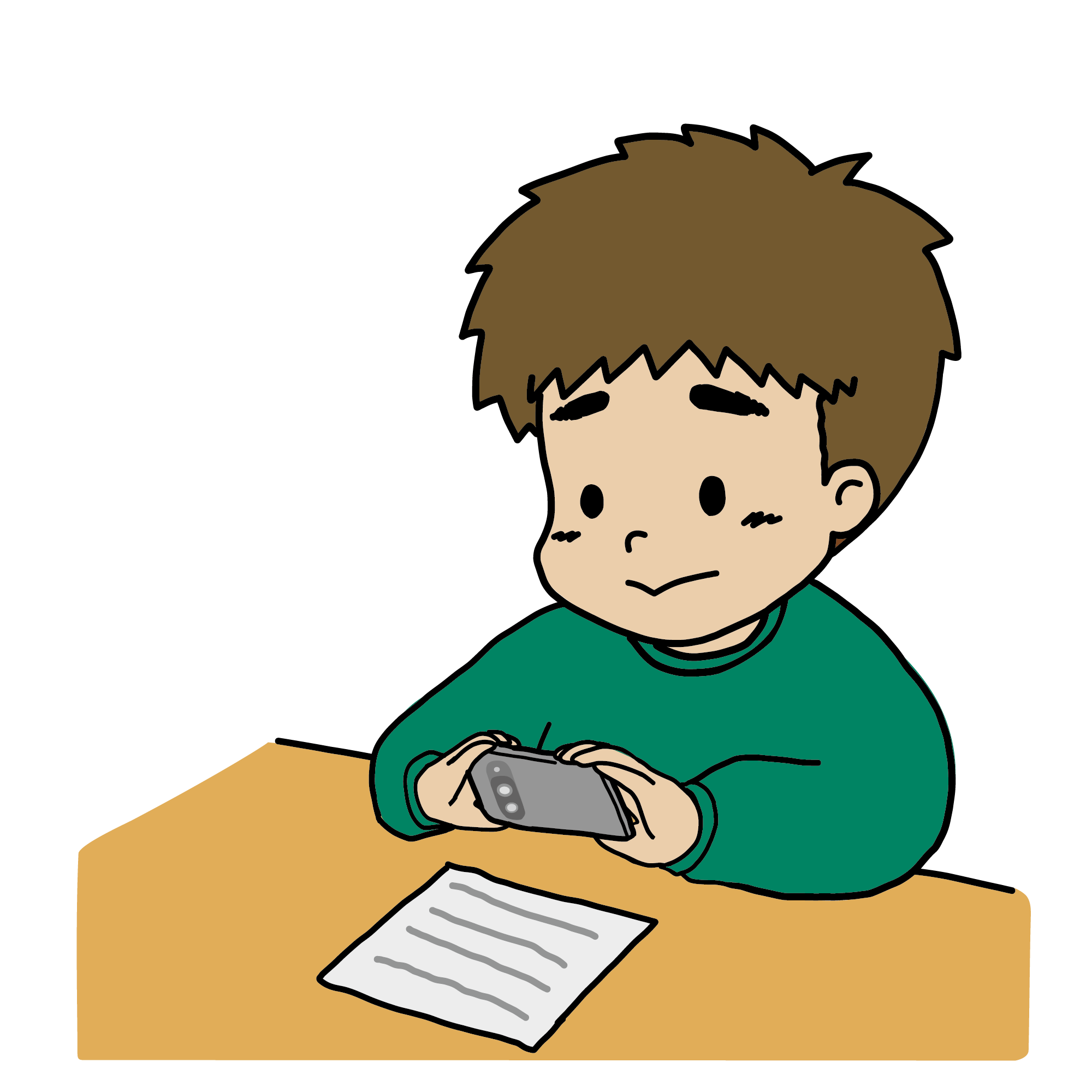 スマートフォンで書類を撮影している男の子のイラスト