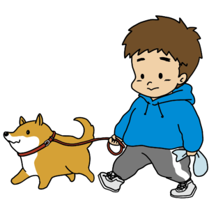 柴犬を連れて元気に散歩している男の子のイラスト