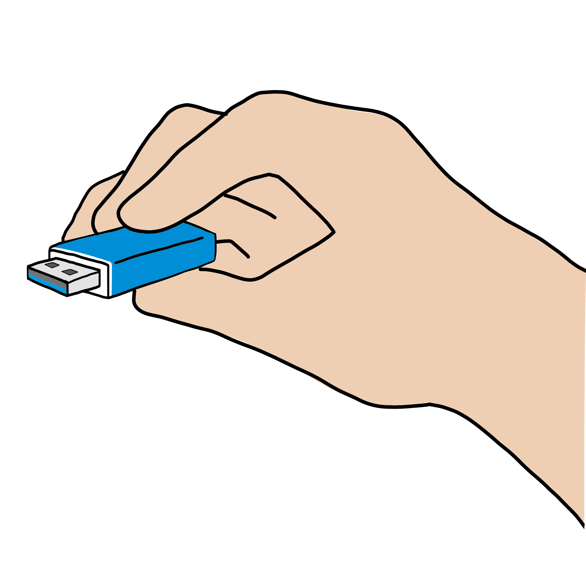 青色のUSBメモリを手で持っているイラスト