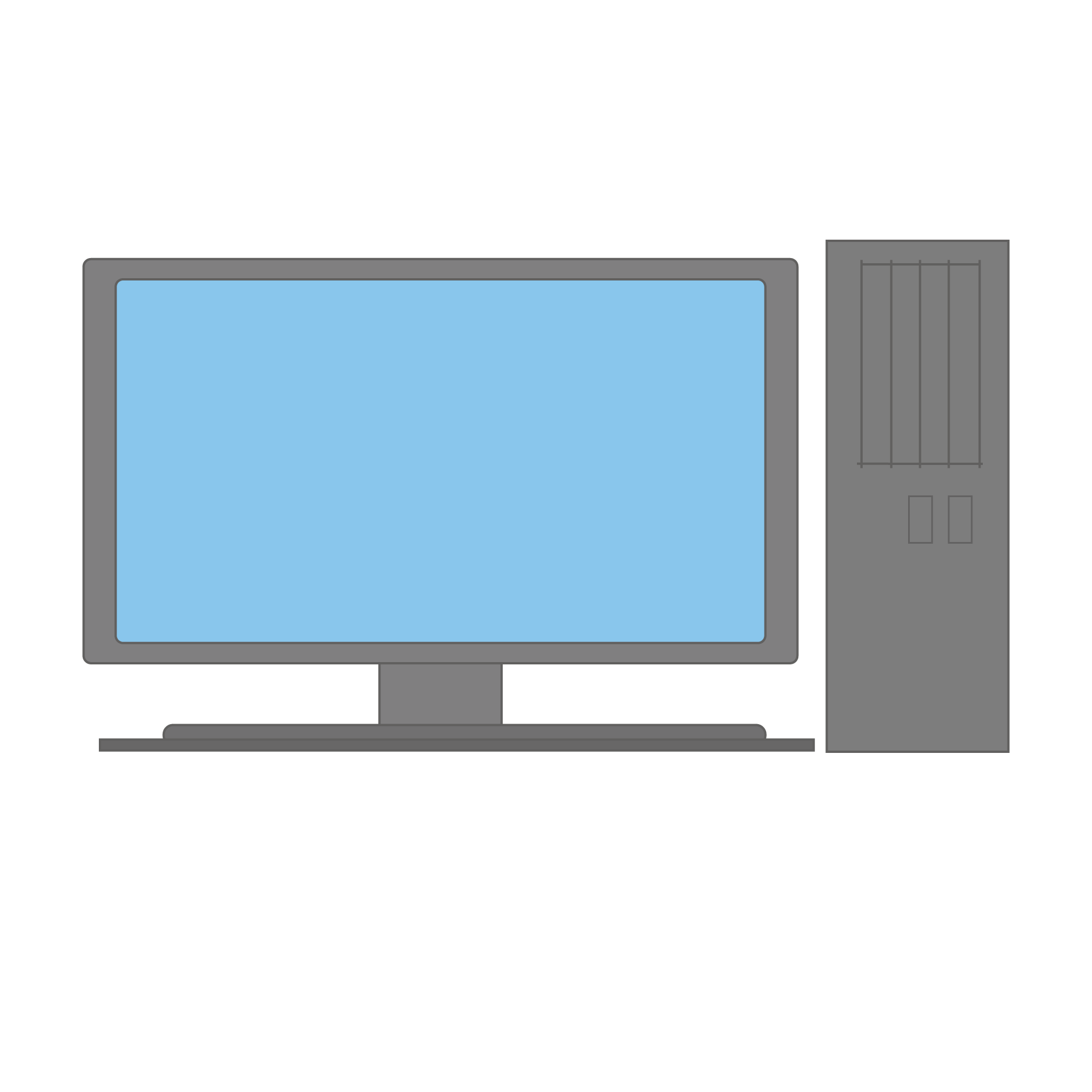 液晶モニターとタワー型本体が並んだデスクトップPCのイラスト