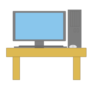 木製のデスクに置かれたデスクトップパソコンのイラスト