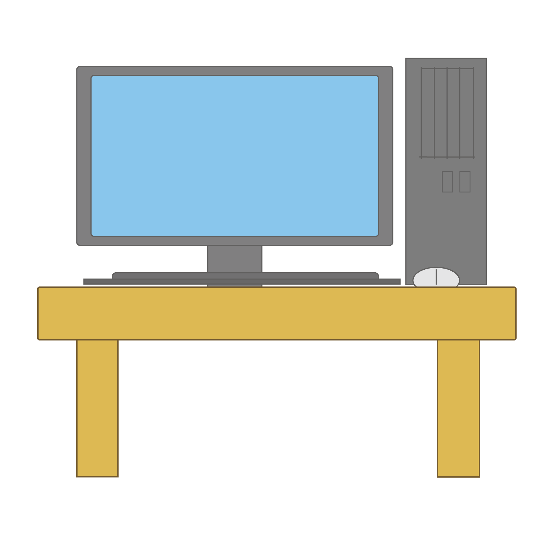 木製のデスクに置かれたデスクトップパソコンのイラスト