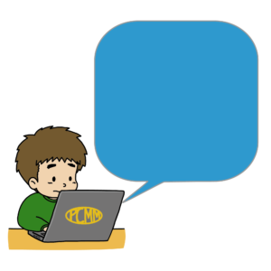 大きな青色の吹き出しとノートパソコンを使う男性のイラスト