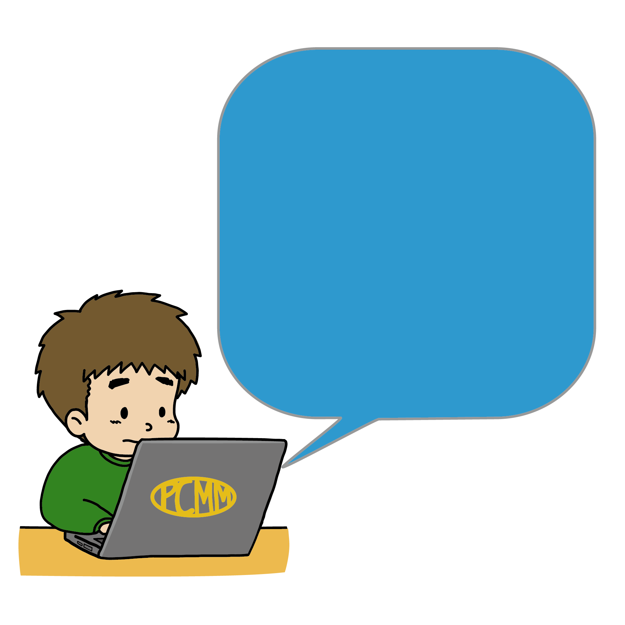 大きな青色の吹き出しとノートパソコンを使う男性のイラスト