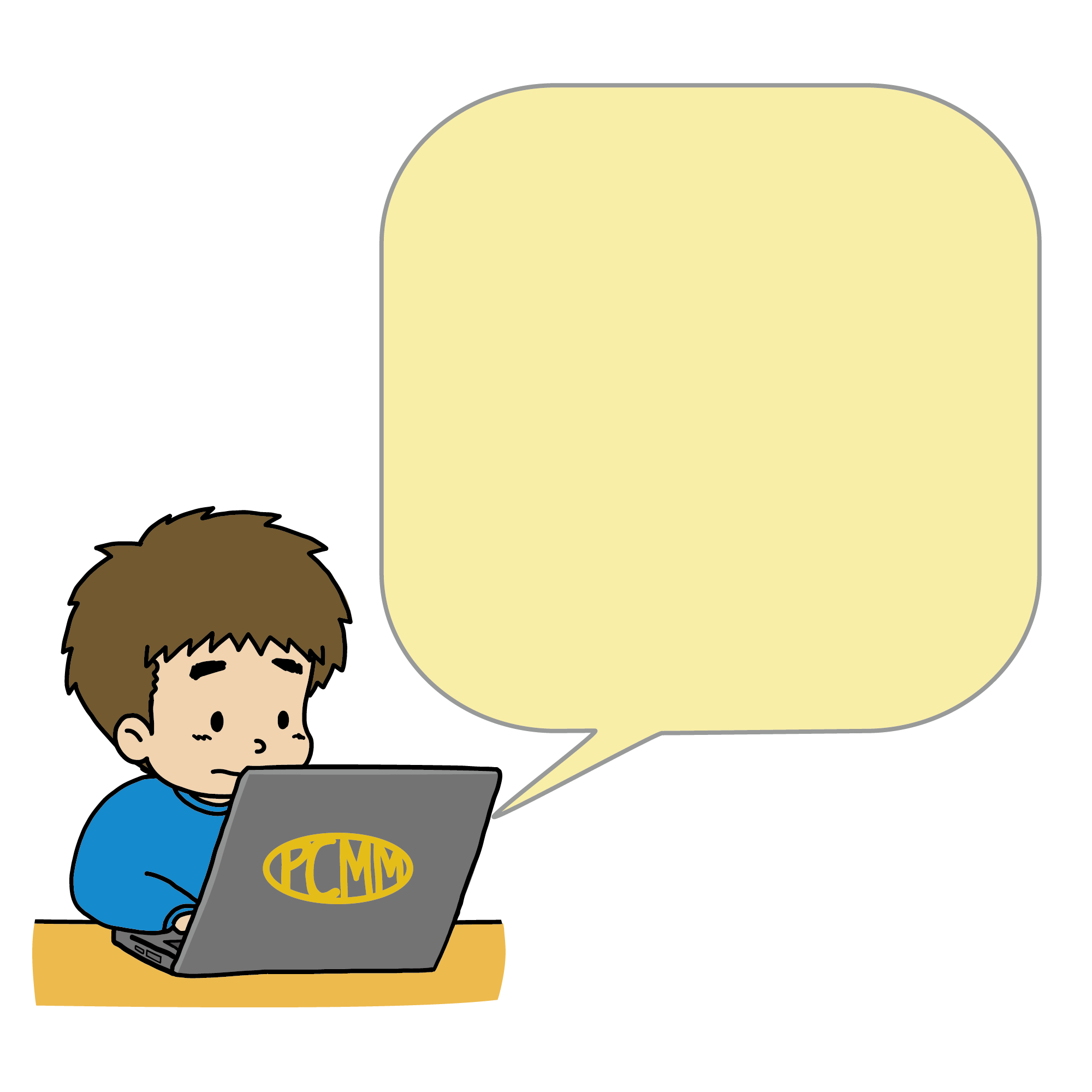 大きな黄色の吹き出しとノートパソコンを使う男性のイラスト