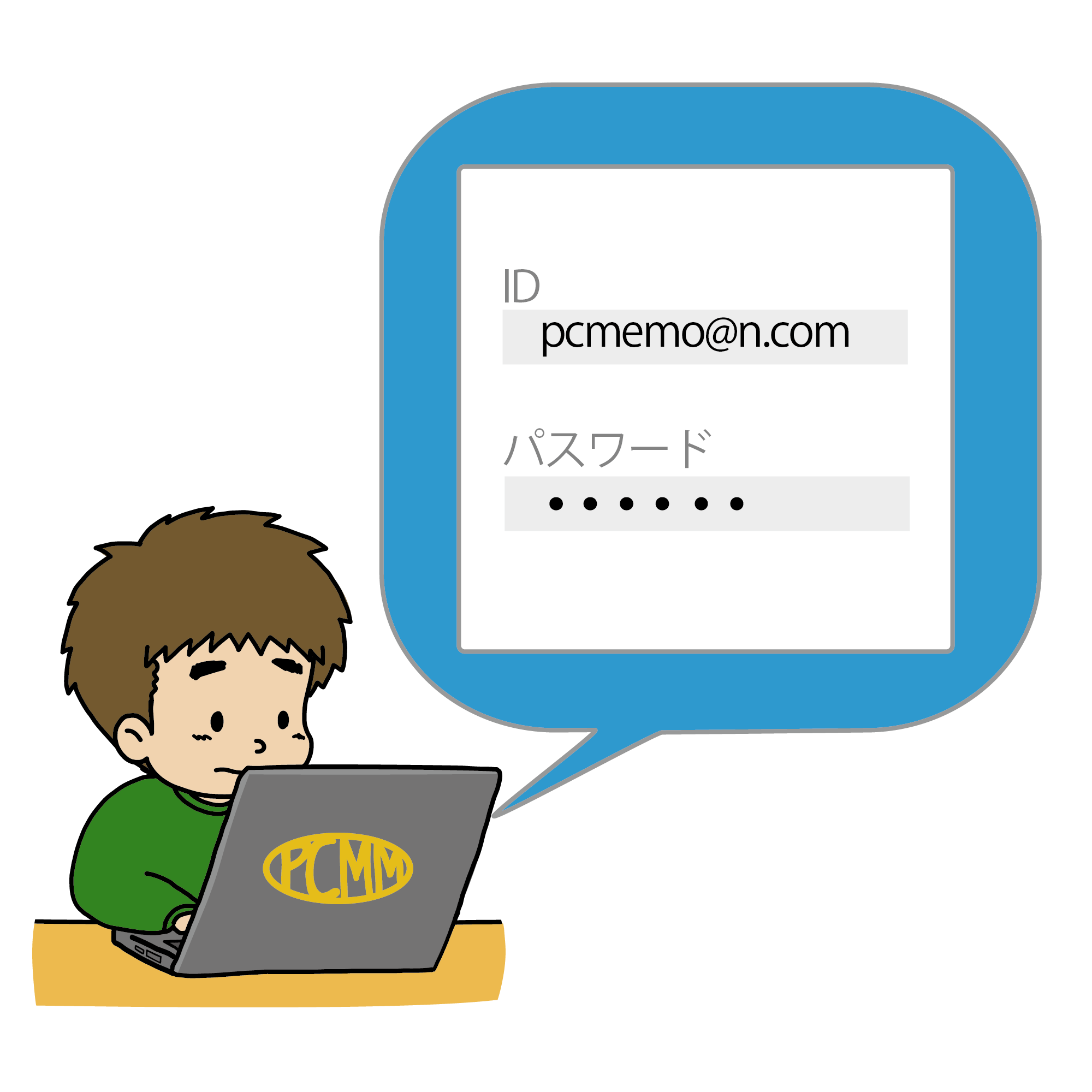 IDとパスワードのログイン画面を見つめる男性のイラスト