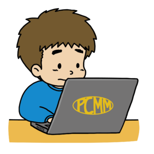 ノートパソコンを真剣な表情で操作している男性のイラスト